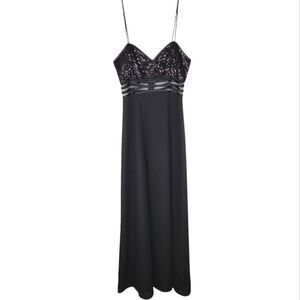 VTG De-Laru Black Spaghetti Strap Sequin and Mesh Bodice Chiffon Maxi Dress XS